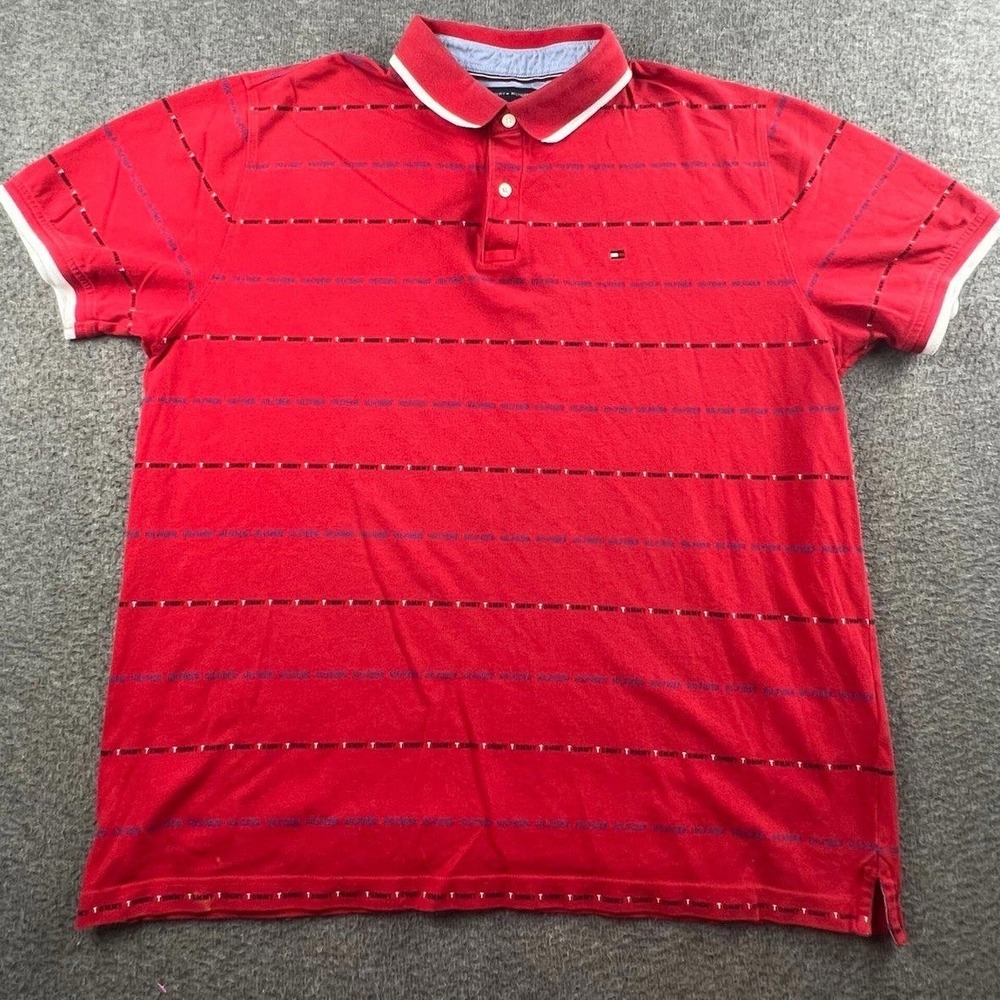 Tommy Hilfiger Men's XXL Red Striped Logo Polo Shirt Short Sleeve Tipped Collar